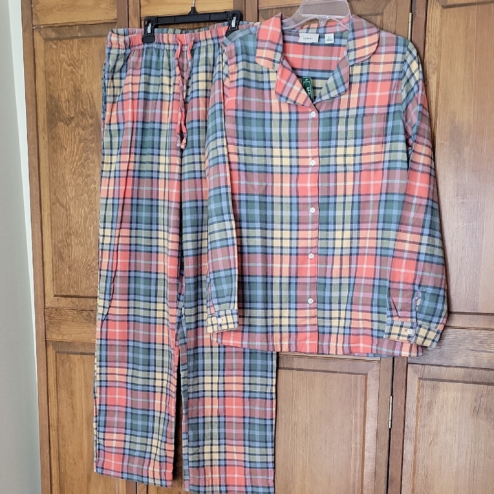 L.L. Bean Coral, Blue & Yellow Plaid Cotton Pajama Set